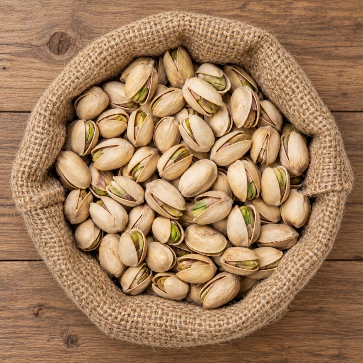 Pistachos con cáscara abiertos en un saco de yute