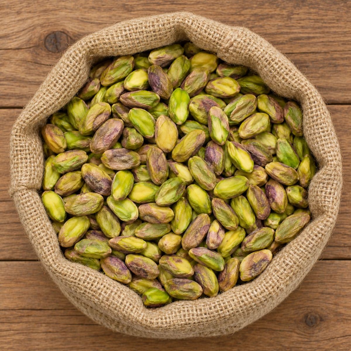 Grano de pistacho entero, sin cáscara, en un saco de yute