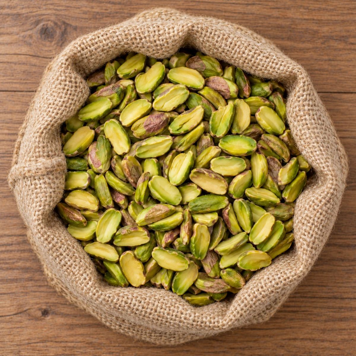 Mitades de grano de pistacho en un saco de yute