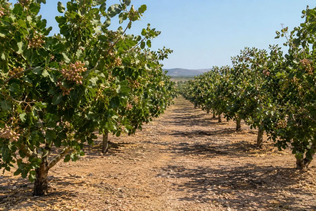 Calle de una plantación de pistacheros en verano